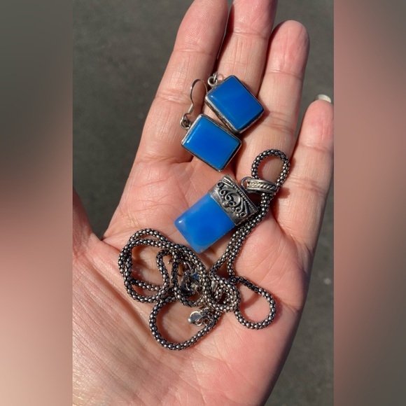 Stone Age sterling silver blue chalcedony earring and necklace set - Picture 3 of 7